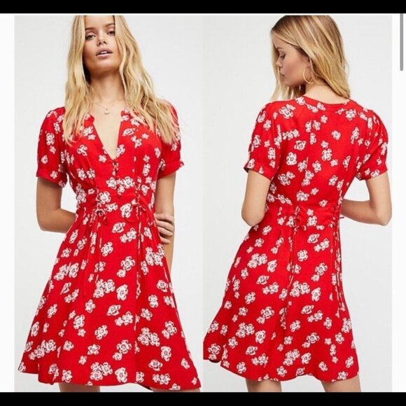 Free People Dresses & Skirts - Free People Red Floral Lace Up Mini Dress Women's Size 2